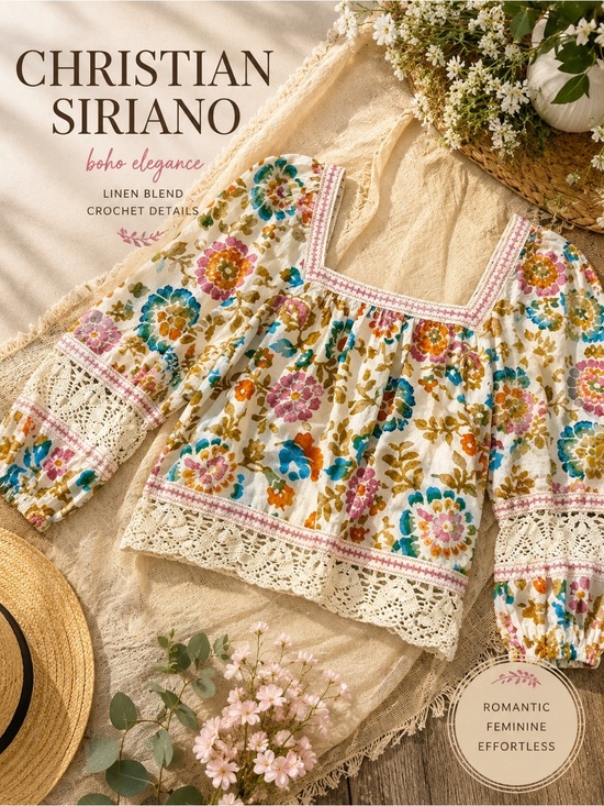 Christian Siriano Tops - Christian Siriano Floral Linen Blend Crochet Lace Boho Peasant Top OSFA